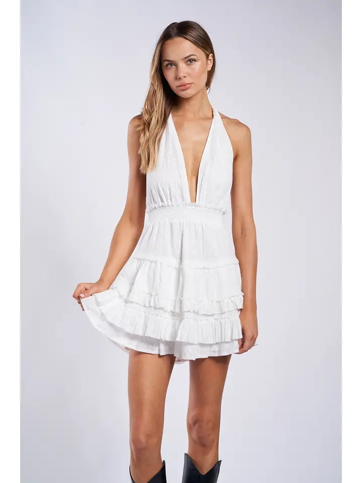 Shay White Halter Eyelet Mini Dress