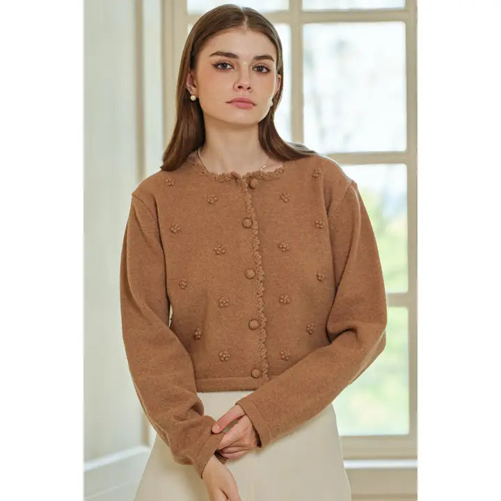 Pom Pom Buttoned Cardigan Carmel