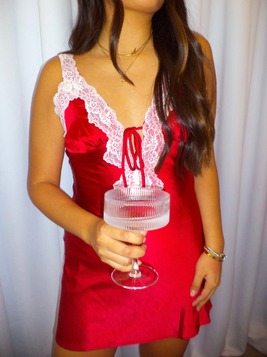 Valentina Satin Lace Mini Dress Rose