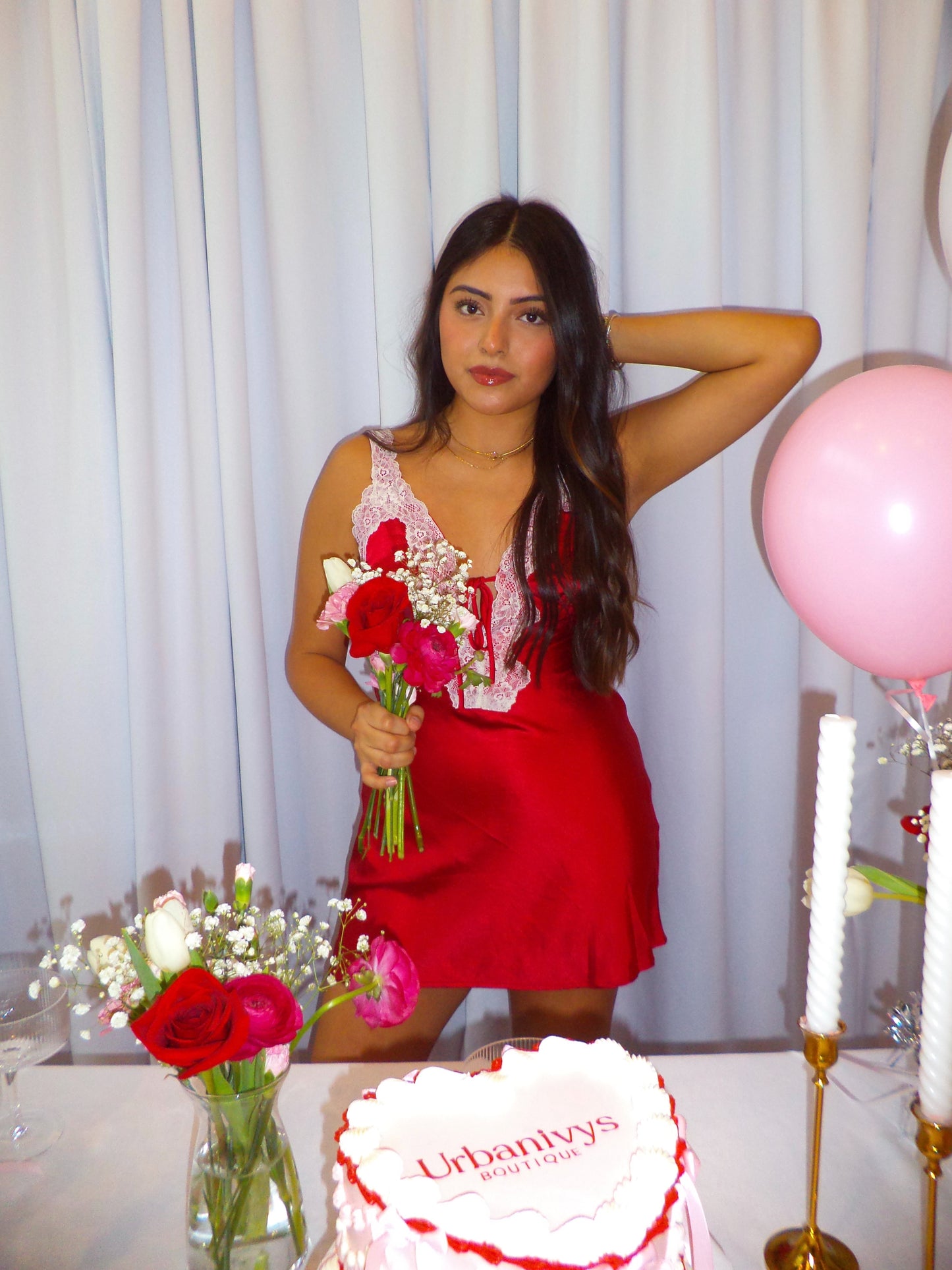 Valentina Satin Lace Mini Dress Rose
