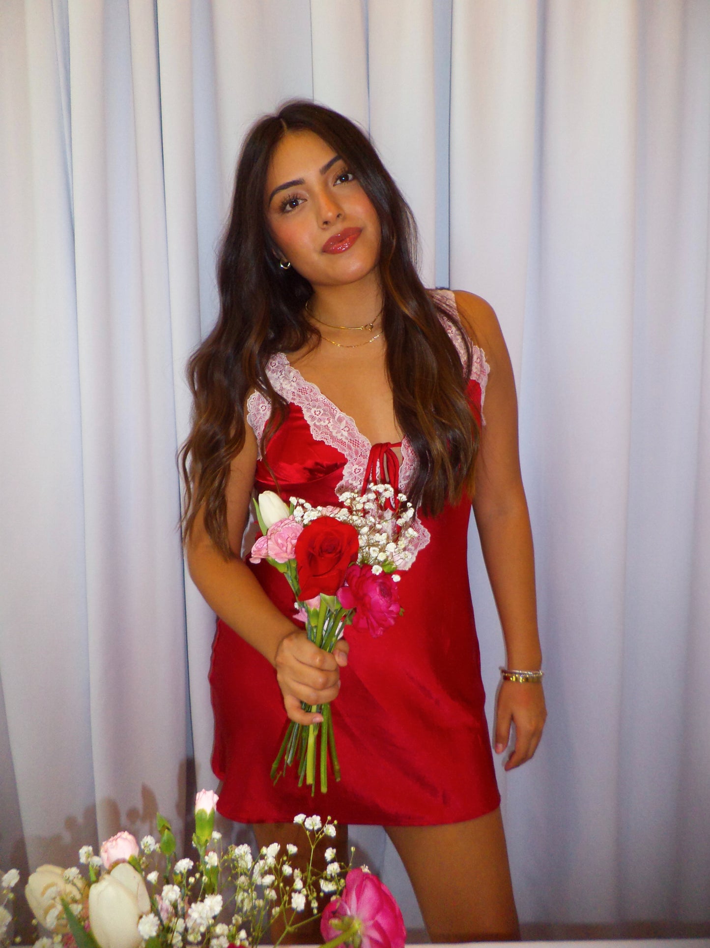 Valentina Satin Lace Mini Dress Rose