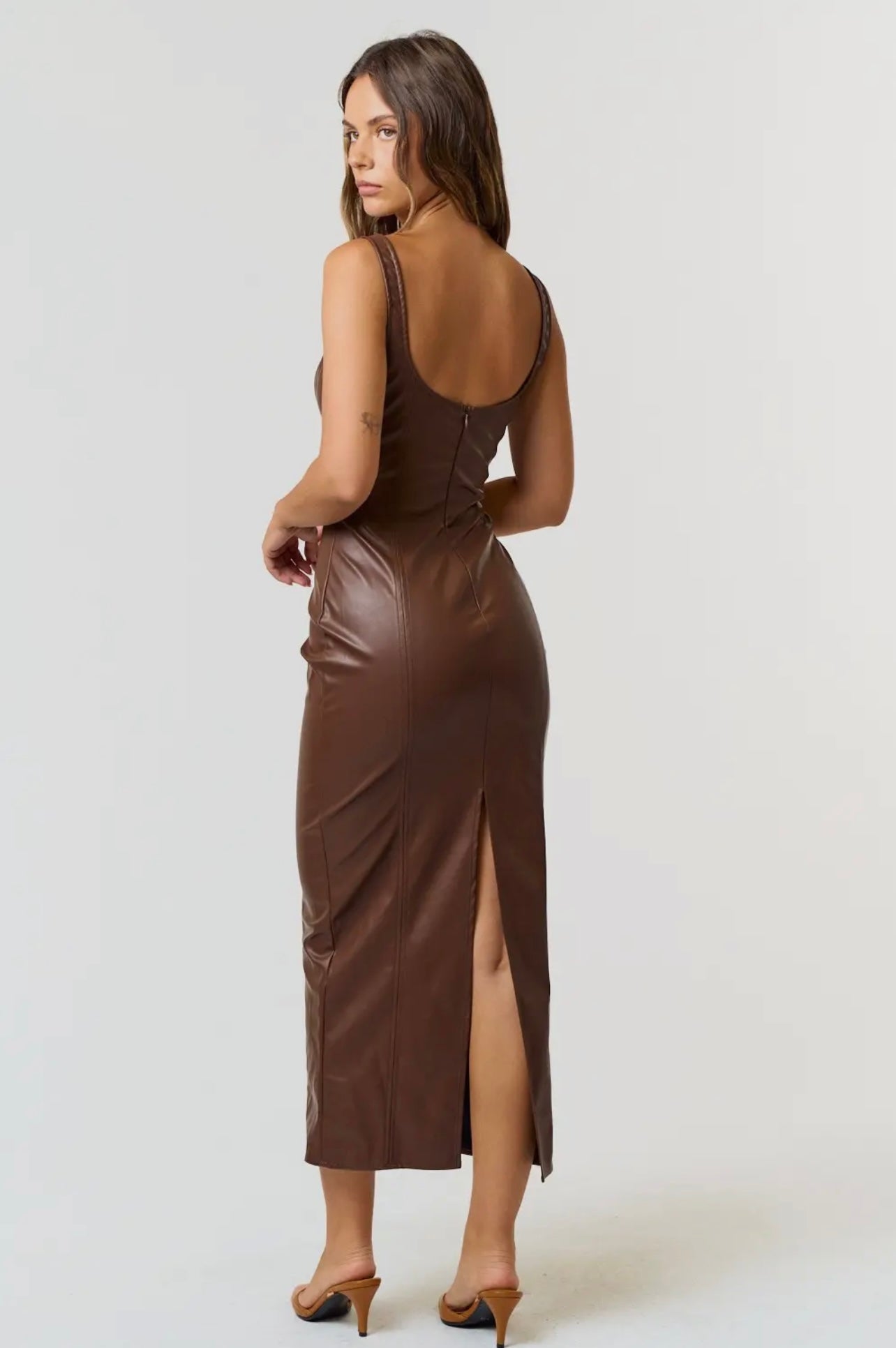 Becca Leather Midi Dress Brown