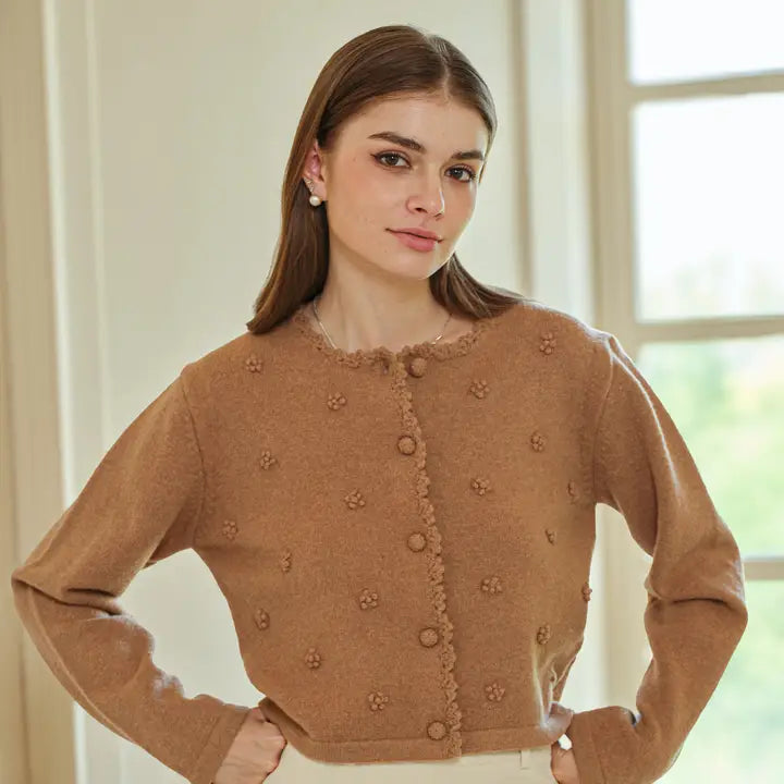 Pom Pom Buttoned Cardigan Carmel