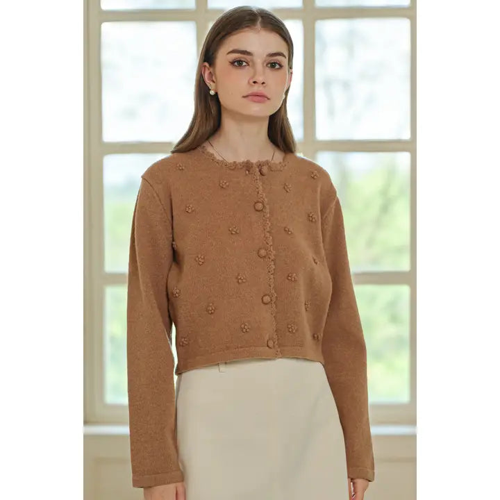 Pom Pom Buttoned Cardigan Carmel