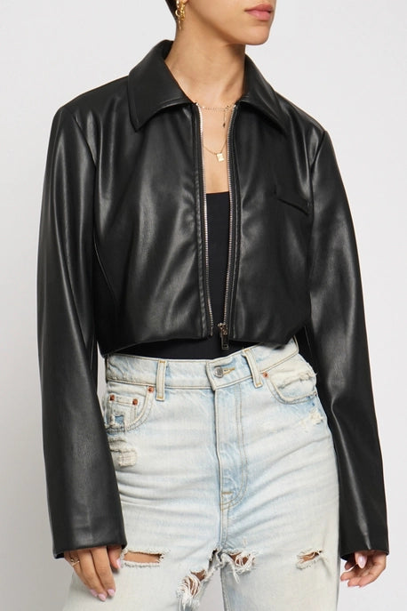Jax Cropped Leather Jacket Black