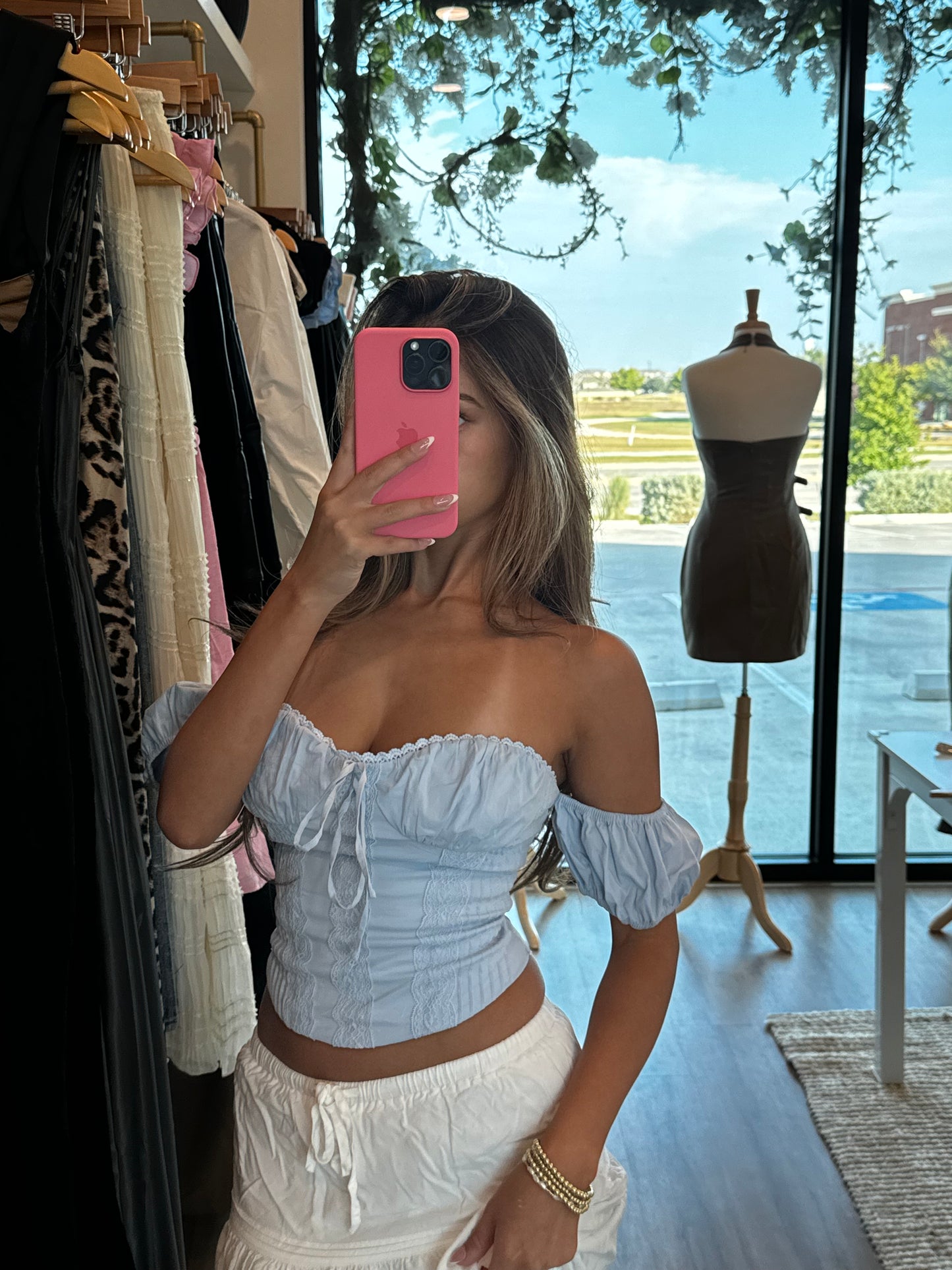 Corinna Off The Shoulder Corset Top Sky